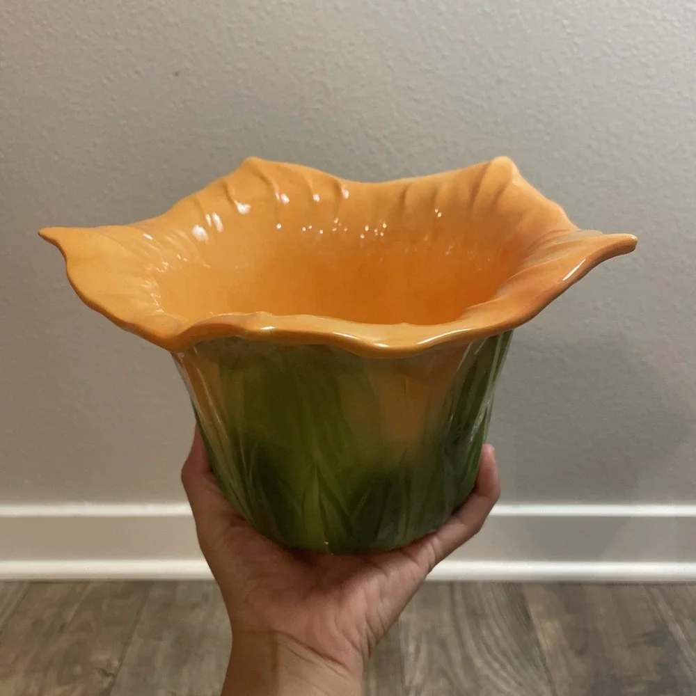 VTG Squash Gourd Flower Vase Bowl Planter Orange & Green Ceramic Italy‎